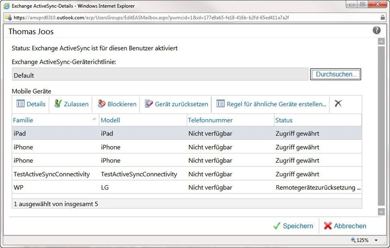 Mit Geräterichtlinien lässt sich in Exchange und Office 365 festlegen welche Endgeräte eine Verbindung mit dem Exchange-Server aufbauen können. Auf diesem Weg lassen sich unsichere Geräte aussperren. Die Einstellungen finden sich in den „Exchange ActiveSync-Einstellungen“ über den Bereich „Telefon und Voice/ActiveSync-Zugriff“. (Bild: Archiv)