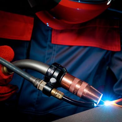 Hier sieht man die Fronius-Funktion Velo-Draht in Aktion. Der Draht schiebt den Brenner entlang der Schweißnaht, was die Schweißgeschwindigkeit konstant bleiben lässt. Auch der Abstand zwischen Kontaktrohr und Werkstück bleibe gleich. Das entlaste den Arbeiter und erhöhe die Schweißqualität. (Bild: Fronius)