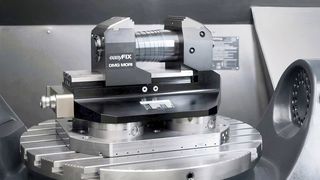 Pictured is the zero-point interface version of the Easyfix automatic vice from DMG Mori, which clamps a succession of workpieces of different size in automated manufacturing processes, without the need for manual intervention. (Source: DMG Mori)