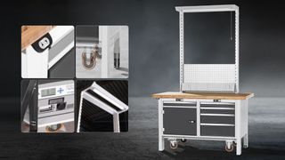 Die GARANT-GridLine-Werkbank ist fahrbar und elektrisch höhenverstellbar (Akku).  (Hoffmann GmbH Qualitätswerkzeuge)