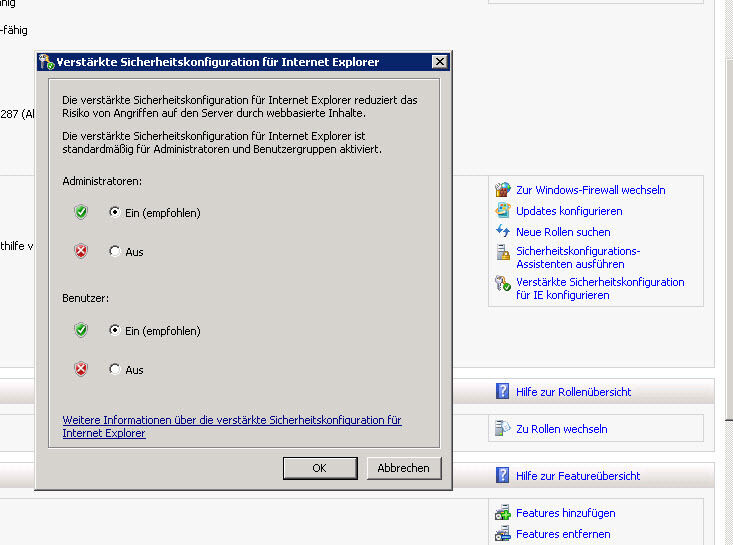 Abbildung 13: Deaktivieren der erhöhten Sicherheit für den Internet Explorer in Windows Server 2008 R2 (Archiv: Vogel Business Media)