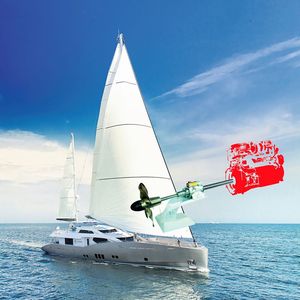 Auf der Antriebswelle des Dieselmotors wird über ein Spezialgetriebe der Servomotor (Mitte, oben) eingekoppelt, der den Anstellwinkel der Schraubenflügel einer Segelyacht verstellt.