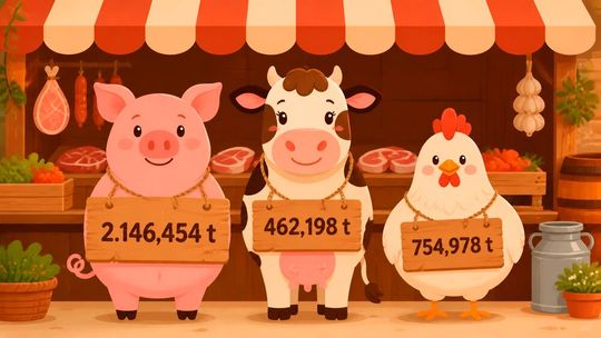 Schlachtunternehmen in Deutschland haben 2026 462,198 Tonnen Rindfleisch, 754,978 Tonnen Geflügelfleisch und 2146,454 Tonnen Schweinefleisch produziert.(Bild:  Gemini / KI-generiert)