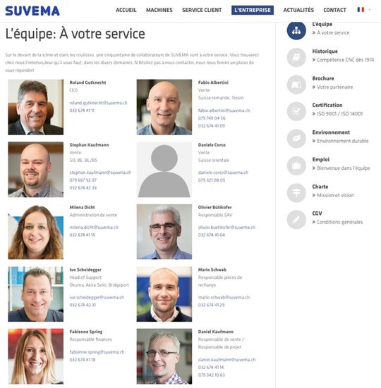 La page, «Team» de l'entreprise Suvema, un exemple à suivre.(Source :  Suvema)