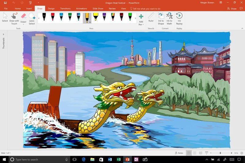Das Präsentationsprogramm Powerpoint bringt Stiftbenutzern neue Farben wie Gold und zusätzliche Texturen. Voraussetzung ist Office 365. (Microsoft)