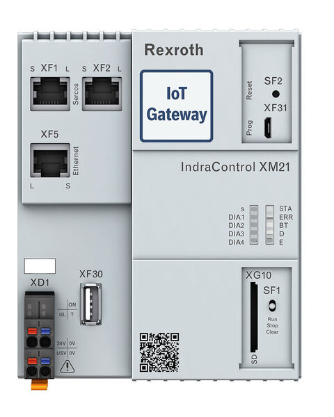Die auf der Industrie-Hardware XM21 installierte Softwareplattform IoT Gateway bindet bestehende Maschinen und Anlagen an On-Premises- und Cloud-Plattformen an. Entwickler können das vorinstallierte App-Angebot für Daten­erfassung, -bearbeitung und -transfer mithilfe eines Software Development Kit (SDK) ergänzen.  (Bosch Rexroth AG)
