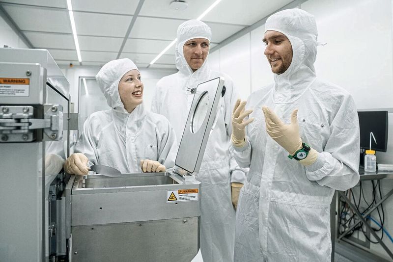 Lauren Riddiford, Aleš Hrabec et Jeffrey Brock (de gauche à droite) dans la salle blanche du Park Innovaare, juste à côté du PSI. C'est ici que sont créées les nouvelles structures magnétiques, qui sont modifiées de manière ciblée au laser.  (Source : Institut Paul Scherrer PSI/ Mahir Dzambegovic)