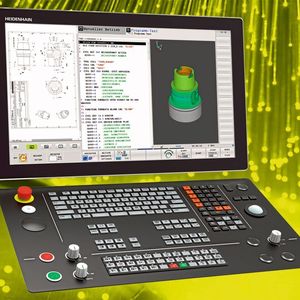 Prozesse und Aufträge immer im Blick: Dank ihres geteilten Bildschirms bietet die neue TNC 640 mit 24“ Widescreen und Extended Workspace Compact parallel zwei Arbeitsbereiche für den Steuerungsbildschirm und die Anzeige weiterer Applikationen. 
