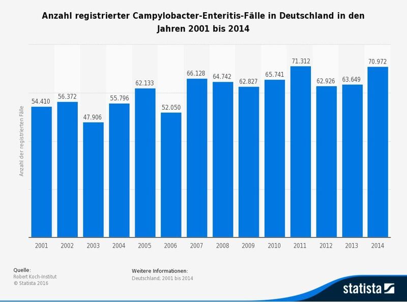 Anzahl registrierter Campylobacter-Enteritis-Fälle in Deutschland in den Jahren 2001 bis 2014  (Statista 2016/Robert Koch-Institut)