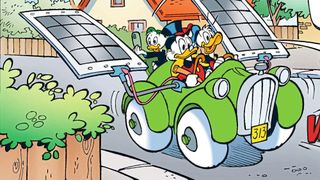 Donald Duck verwandelt in der neuesten Ausgabe der Lustigen Taschenbücher sein Uralt-Auto in ein grünes Elektromobil. (Bild: 2025 Egmont Ehapa Media/Disney )
