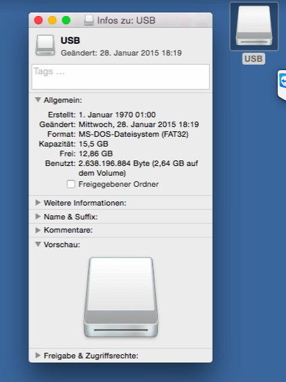 Mit NTFS formatierte USB-Sticks lassen sich auf Mac OS-Rechnern lesen, Anwender können aber keine Daten auf die Sticks schreiben. Wird hier Fat32 verwendet, ist zwar der schreibende Zugriff auch über den Mac möglich, dafür entfallen Möglichkeiten der Absicherung des USB-Sticks. (Bild: Thomas Joos)