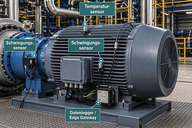 Sensorkonzept zur kontinuierlichen Zustandsüberwachung von industriellen Elektroantrieben mittels einer Schwingungs- und Temperaturmessung sowie einer lokalen Datenvorverarbeitung über ein Edge Gateway. (Bild: KI-generiert)