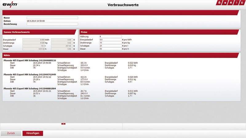Die Verbrauchswerte jedes einzelnen Schweißgerätes werden separat aufgezeichnet und dokumentiert. Werden verschiedene Schweißgeräte ausgewählt und damit zusammengefasst, erscheinen die kumulierten Verbrauchswerte. So sind die Verbrauchskosten auch komplexer Aufträge auf einen Klick ablesbar. (EWM)