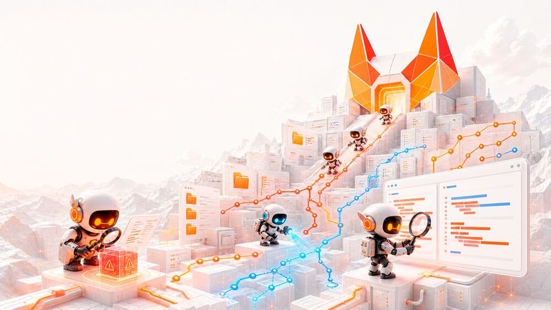 Vier agentische Funktionen erhalten in Gitlab Einzug. Sie sollen Codeänderungen auf Logikfehler  prüfen sowie Terminal-Abläufe und Workflows automatisieren.(Bild:  Daniel Schrader / GPT Image 2 / KI-generiert)