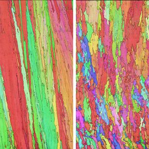 Das internationale Forschungsprojekt zeigte, dass sich Gefüge- und Kornstrukturen während des laserbasierten Auftragschweißens gezielt und lokal einstellen lassen: Die Orientierungskarten der Elektronenrückstreubeugung (EBSD) zeigen die Unterschiede ohne (l.) und mit (r.) pulslaser-induzierte Schmelzbadanregung.(Bild:  Fraunhofer IWS)