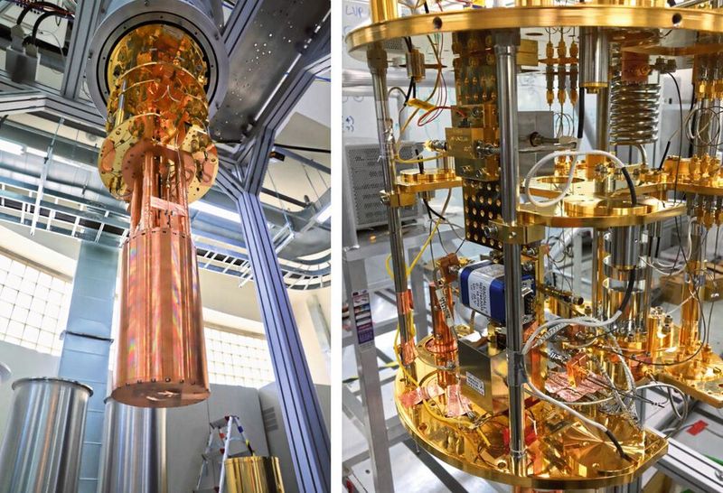 Versuchsaufbau am CAPP mit einem 8T supraleitenden Magneten. Das schwache Signal (10 bis 24 W) aus dem Hohlraum des Magneten wird durch eine HF-Empfängerkette mit einem HEMT-Verstärker weitergeleitet, bevor die Erfassung, Analyse und Speicherung stattfindet.