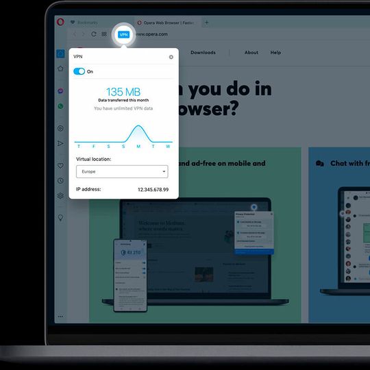 Der proprietäre Webbrowser Opera bietet eine kostenlose, unbeschränkte VPN-Funktion. Der proprietäre Webbrowser Opera bietet eine kostenlose, unbeschränkte VPN-Funktion.