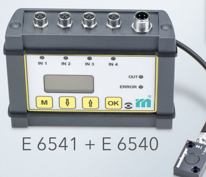 Mit dem induktiven Analogsensor E 6540 können berührungslose Abstandsmessungen realisiert werden. Zur Weiterverarbeitung des Sensorsignals wird der Analogsensor mit dem Analog-Controller E 6541 verbunden.  (Meusburger)