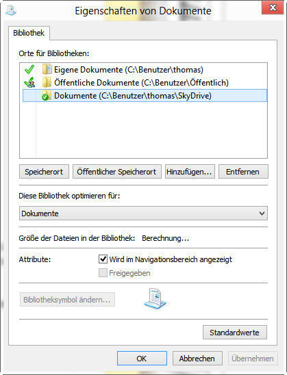 Der SkyDrive-Ordner auf dem Windows 8-Rechner lässt sich auch in Bibliotheken aufnehmen, so stehen die SkyDrive-Daten immer zur Verfügung. Wenn Anwender den Ort auch noch als Standardspeicherort für die Bibliothek festlegen synchronisiert der Windows 8-PC automatisch alle Dateien auch mit SkyDrive. (Archiv: Vogel Business Media)
