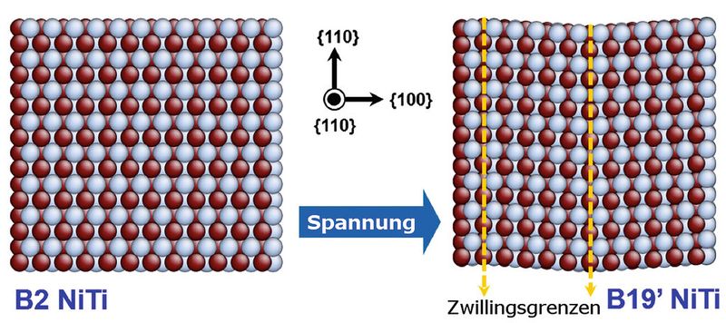 So ändert sich die atomare Anordnung in einem Nickel-Titan-(NiTi)-Material ändert, wenn eine äußere Spannung angelegt wird. Die ursprüngliche B2-NiTi-Phase (linkes Bild) verändert sich dabei zu einer sogenannten B19’-NiTi-Phase (rechtes Bild), die sich durch Zwillingsgrenzen auszeichnet. Die Zwillinge (jeweils links und rechts der Zwillingsgrenze) können ineinander durch Spiegelung überführt werden. (Bild: MPIE)