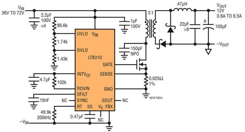 Bild 1: Der isolierte Vorwärtsregler LT8310 liefert mit nur 20 externen Komponenten 12 V/6,5 A aus einem 48-V-Eingang. (Bild: Linear Technology)