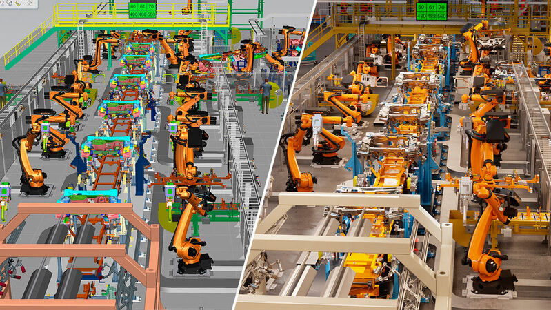 Das Bild zeigt Siemens Process Simulate (links), das mit Nvidia Omniverse (rechts) verbunden ist. Das Ergebnis ist ein fotorealistischer, digitaler Zwilling mit voller Designtreue.