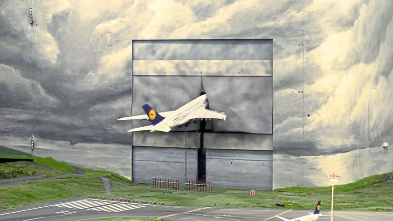 Ein Flugzeugmodell verschwindet im Wolkenvorhang.  (Bosch Rexroth)