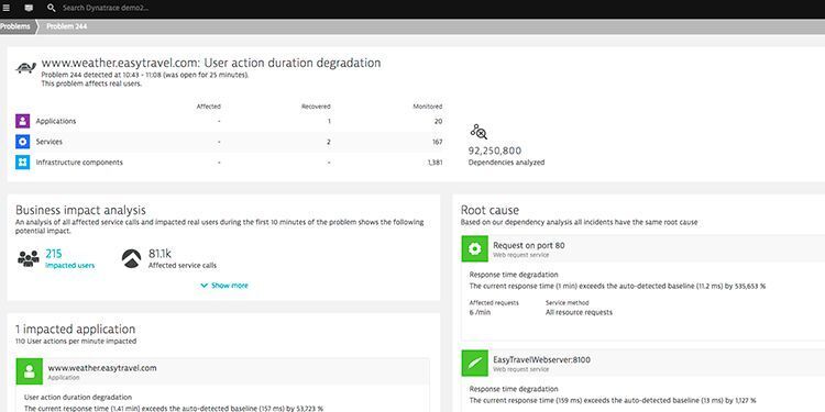 Dynatrace –  Application Performance Management (APM) Kein Wühlen mehr im Code, in Logs oder Servermetriken. Dynatrace AI analysiert Milliarden von Abhängigkeiten, um einfache Antworten zu geben: was ist das Problem? was sind die Auswirkungen? was ist die Ursache? Dynatrace entdeckt, ordnet und überwacht automatisch jede Komponente des gesamten Stacks, von der Anwendung über die zugrundeliegende Infrastruktur bis hin zur User Experience. Dynatrace bietet eine breite Abdeckung unterstützter Sprachen und Anwendungsarchitekturen wie Cloud, On-Premises oder Hybrid und deckt Unternehmensanwendungen ebenso ab, wie das SaaS-Monitoring und mehr. Dynatrace überwacht zudem auch automatisch dynamische Microservices in Containern. Zur Produktseite des Herstellers  (Dynatrace)