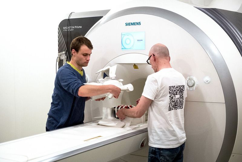 Die Mitarbeiter von Preisträger Jens Frahm, Volkert Roeloffs (l) und Kurt Böhm, legen eine Kopfspule, mit der sie Gewebeeigenschaften simulieren, in ein Magnetresonanztomograph (MRT). Frahm ist am 07.06.2018 in Paris mit dem Europäischen Erfinderpreis ausgezeichnet worden.  (Swen Pförtner/dpa)