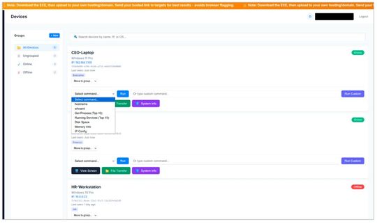 Auf der „Geräte“-Seite des C2-Dashboards der Malware TrustConnect kann der Angreifer die Geräte sehen, auf denen der RAT installiert ist. Es ist möglich, vordefinierte oder benutzerdefinierte Befehle direkt auf dem Gerät auszuführen, Dateien auf das Gerät zu übertragen, Systeminformationen anzuzeigen und über eine Remote-Desktop-Funktion eine Verbindung zum Gerät herzustellen.(Bild:  Proofpoint)