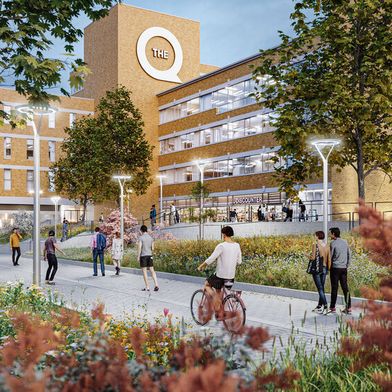 Neues Zentrum im Nürnberger Westen: „The Q“ – nur Eingeweihte wissen, dass das „Q“ für „Die Quelle“ stehen könnte, die einstmals Millionen Haushalte per Katalog versorgt hat. Oder steht es am Ende doch für „Quartier“? (Bild: Accumulata)