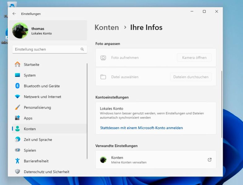 Die Umstellung von lokalen Konten zu Microsoft-Konten und umgekehrt funktioniert auch mit Windows 11 Home. (Bild: Joos - Microsoft)