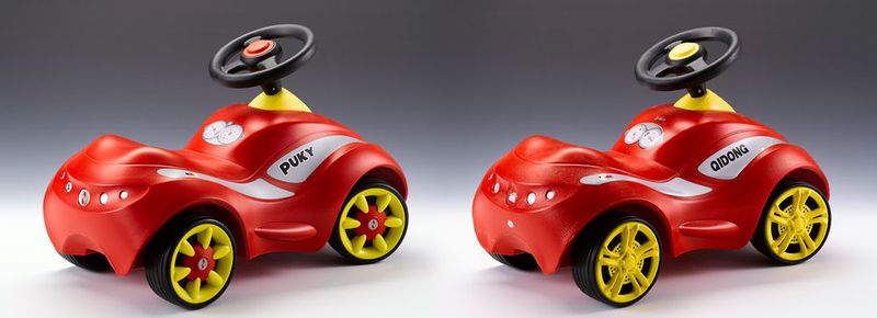 Platz drei: Der Rutscher „Puky Racer“, Original (links) von Puky aus Deutschland, das Plagiat (rechts) von Xingtai Kurbao Toys aus China. Der Vertrieb erfolgt online, u.a. über alibaba.com. Design und Technik wurden 1:1 vom Original übernommen. Die billigen Materialen (Gehäuse, Räder, Lenkrad) und schlechte Verarbeitung (Oberflächen) spiegeln die minderwertige Qualität wider.  (Bild: Aktion Plagiarius e.V.)