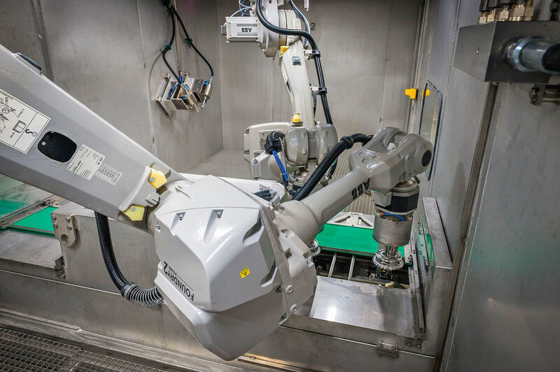 Der spritzwassergeschützte Roboter ermöglicht eine maximale Flexibilität bei der Hochdruckwasserstrahl-Entgratanlage von BVL. (BVL/Helmut Kramer)