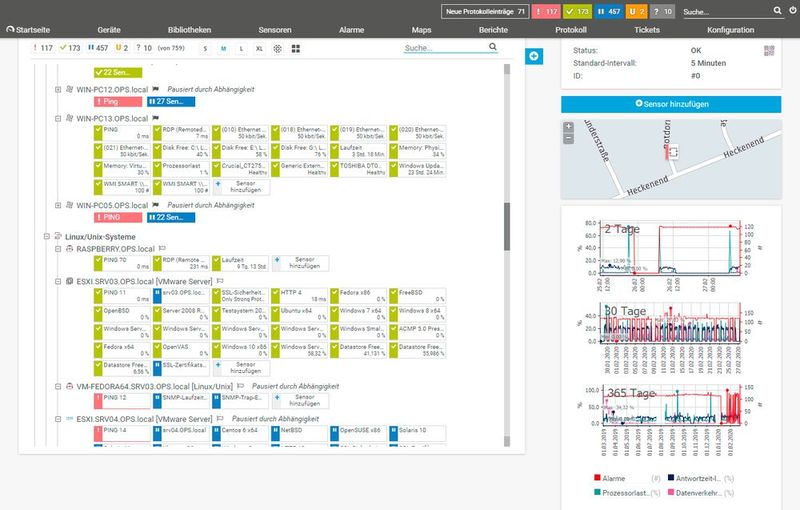 Die Geräteübersicht des Web-Interfaces mit diversen Sensoren. (Bild: Paessler / IT-Testlab)