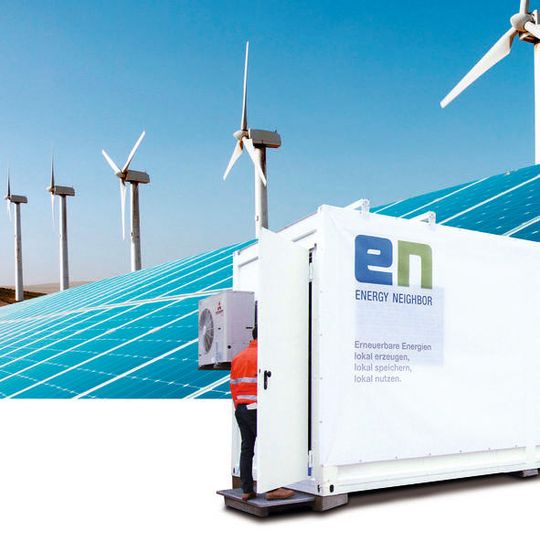 Bild 1: Der dezentrale und stationäre Batteriespeicher Energy Neighbor; mit Hilfe der lokal zwischengespeicherten erneuerbaren Energien werden Transportverluste und Schwankungen im Stromnetz reduziert.(Bild:  Phoenix Contact)