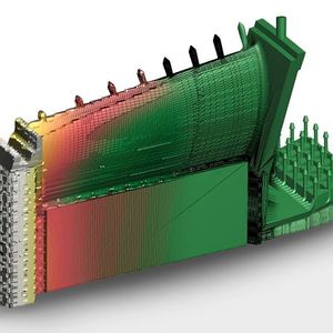 Berechnetes Verzugsfeld für eine mit dem DMLS-Verfahren hergestellte instrumentierte Statorschaufel aus Ti64 nach Trennung von der Bauplattform. 