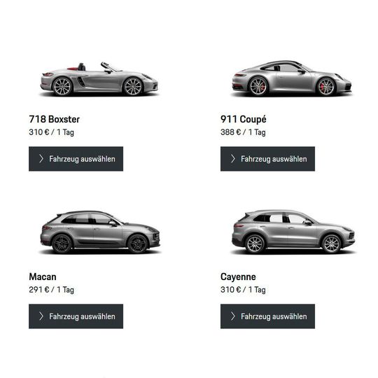 Wer einen Porsche für einen Tag mieten will, muss dafür beispielsweise im Porsche Zentrum Hamburg mit einem Preis von mindestens 291 Euro rechnen.(Bild:  Screenshot Porsche Drive)