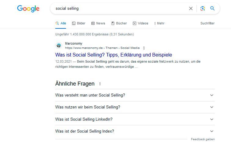Dieses Snippet wurde von Google generiert. Die eigentliche Meta Description wurde hier also nicht übernommen, obwohl der Artikel auf Platz eins rankt. Aber es wird sogar durch ein SERP Feature „Ähnliche Fragen" noch hervorgehoben. Das ist ein gutes Zeichen und erhöht die Klickwahrscheinlichkeit.