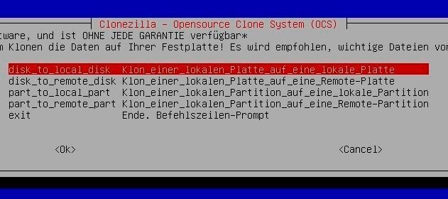 Clonezilla bietet verschiedene Optionen für das Sichern ganzer Festplatten an. (Th. Joos)