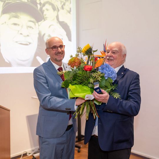 Robert Lach, CEO and managing director, congratulates his father Horst Lach for 62 years of service to the company so far. Robert Lach, CEO and managing director, congratulates his father Horst Lach for 62 years of service to the company so far.