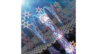 Die Abbildung zeigt mehrere parallel angeordnete nanometerkleine Röhren als Teil der Membran, in der die photokatalytische Reaktion abläuft. Die Membran ist ein makroskopisches Objekt, das aus einem Ensemble solcher Röhren besteht. (Max-Planck-Institut für Kolloid- und Grenzflächenforschung / ScienceBrush Design)