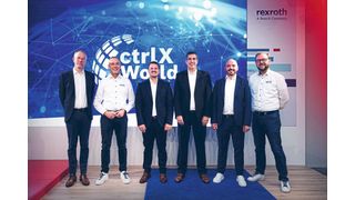 Die Partnerwelt ctrlX World wächst weiter. Auf der 7. ctrlX Automation Fachpressekonferenz präsentierten zwei der neuen Partner ihre Lösungen. V.l.n.r.: Christian Lumpe, Schmersal, Steffen Winkler, Bosch Rexroth, Stefan Schmitt, Christian Kessler, Tobias Nittel, SEW-Eurodrive, Hans Michael Krause, Bosch Rexroth.   (Bild: Bosch Rexroth AG)