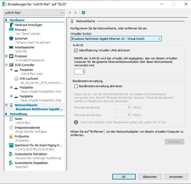 Konfigurieren eines VLANs für eine VM in Hyper-V. (Bild: Joos)