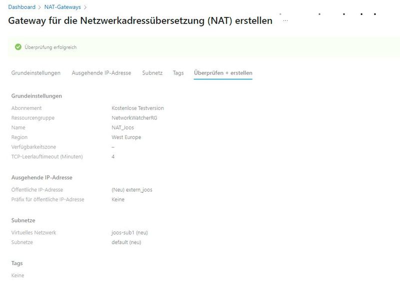 Erstellung eines NAT-Gateways. (Bild: Joos - Microsoft)