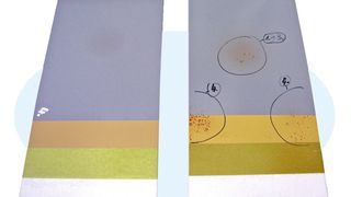 Abb.1: Im Labor nachgestellter Lackaufbau mit: Washprimer (oliv), Grundierung (ocker) und Decklack (grau), jeweils nach thermischer Belastung (Bild: WIWeB)