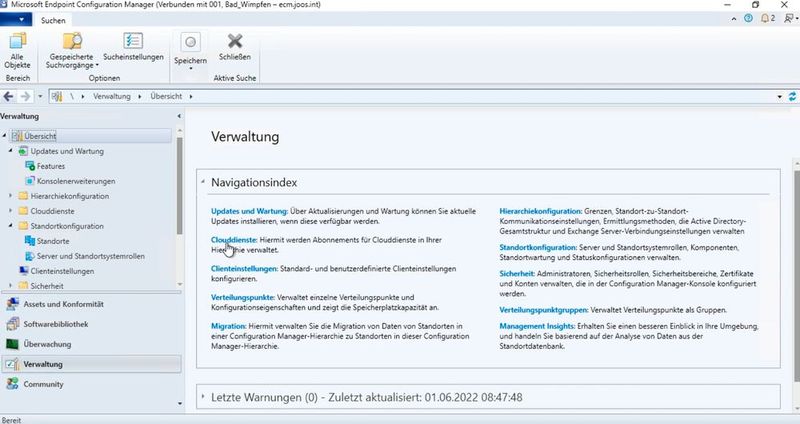 Im Menü „Übersicht“ sind verschiedene Verwaltungsaufgaben zu finden. Bei „Clouddienste“ stehen die Aufgaben zur Verfügung, mit denen sich ECM an EM anbinden lässt. (Bild: Microsoft / Joos)