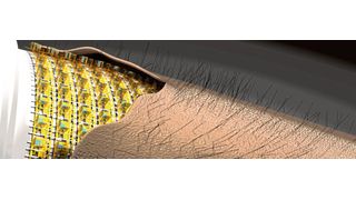 Künstliche elektronische Haut (E-Skin): Hochintegrierte flexible mikroelektronische 3D-Sensorik nimmt Bewegung von Härchen auf künstlicher Haut wahr.  (Bild: Forschungsgruppe Prof. Dr. Oliver G. Schmidt, TU Chemnitz)