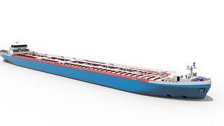 Rendering des Flaggschiffs der neuen Niedrigwasserschiffe: das von BASF mitentwickelte Tankschiff Canaletto der Reederei Gefo. (Technolog)