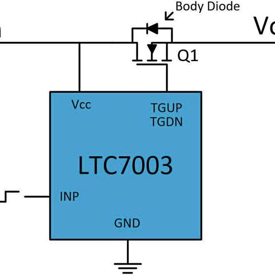 Bild 1: Schalten einer Versorgungsleitung mit einem N-Kanal MOSFET und einer getrennten Ansteuerschaltung mit dem LTC7003. Bild 1: Schalten einer Versorgungsleitung mit einem N-Kanal MOSFET und einer getrennten Ansteuerschaltung mit dem LTC7003.